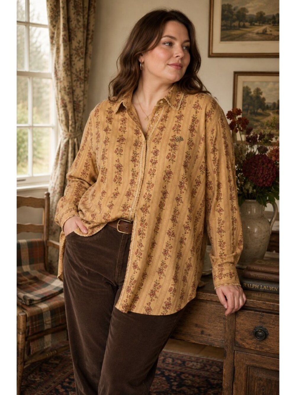 Lauren Ralph Lauren 1X Floral Stripe Cotton Button Down Cottagecore Shirt